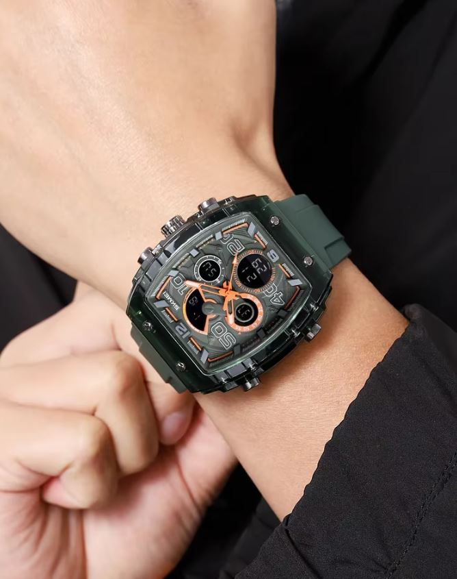 SKMEI 2603 Men’s Tonneau Digital Sports Watch Army Green– Chrono Waterproof LED Wristwatch