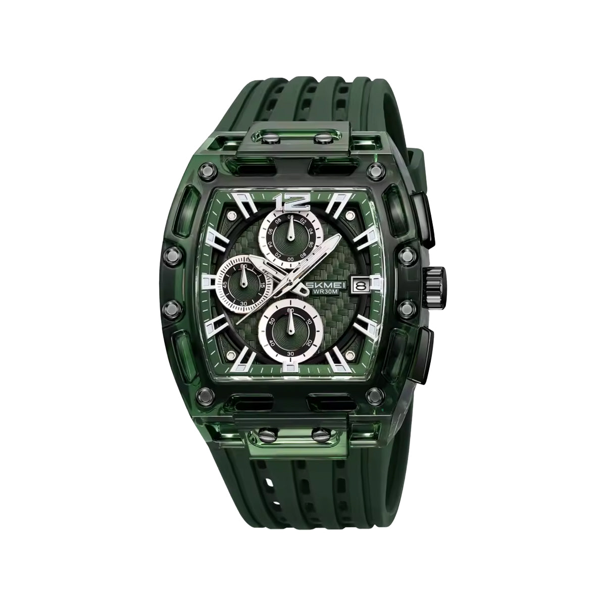 SKMEI 2606 Men’s Big Tonneau Sports Watch Green– Multi Functional Waterproof Quartz Wristwatch