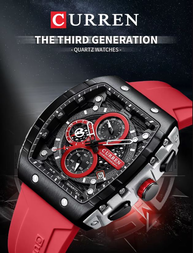 Curren watch with red and black design on a dark background