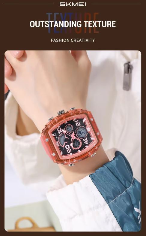 SKMEI 2603 Men’s Tonneau Digital Sports Watch Translucent red– Chrono Waterproof LED Wristwatch