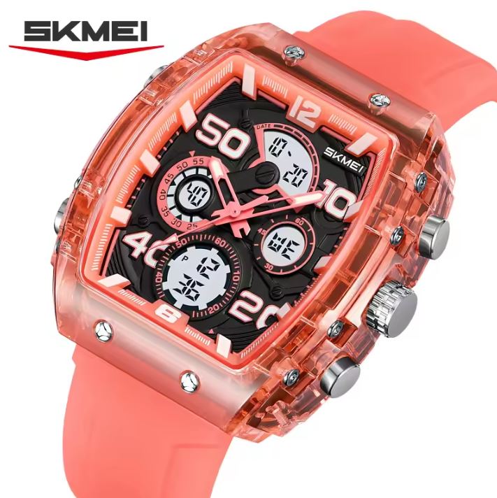 SKMEI 2603 Men’s Tonneau Digital Sports Watch Translucent red– Chrono Waterproof LED Wristwatch