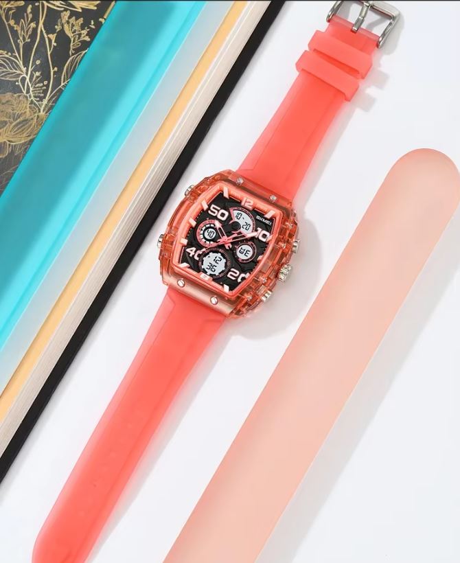 SKMEI 2603 Men’s Tonneau Digital Sports Watch Translucent red– Chrono Waterproof LED Wristwatch