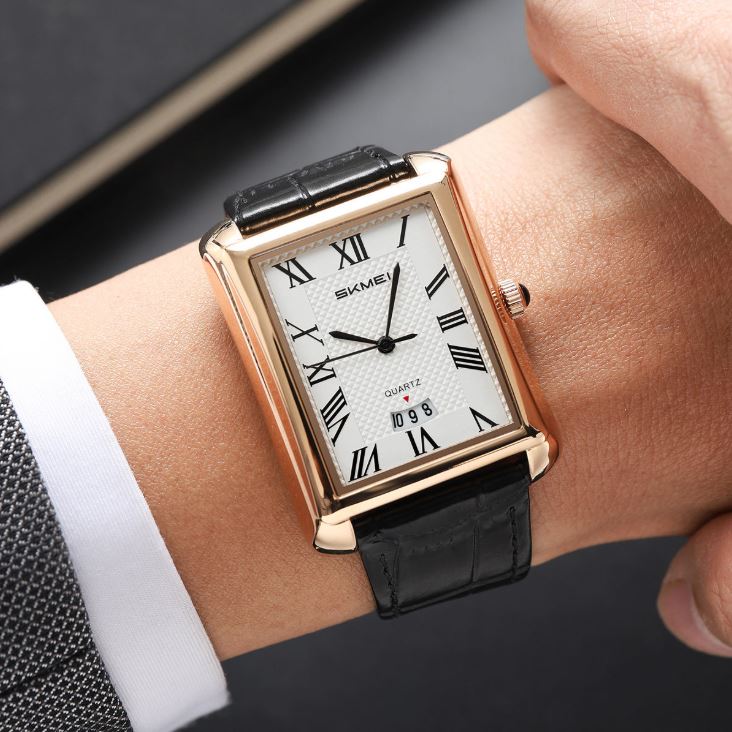 SKMEI 2575 Men’s Square Leather Quartz Watch rose gold/black – Roman Numeral Business Waterproof Wristwatch