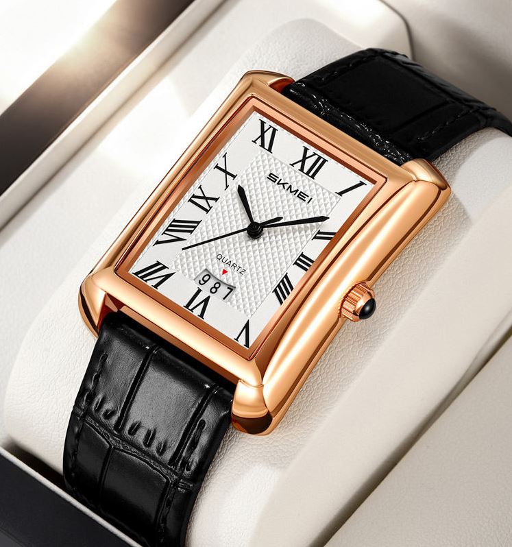 SKMEI 2575 Men’s Square Leather Quartz Watch rose gold/black – Roman Numeral Business Waterproof Wristwatch