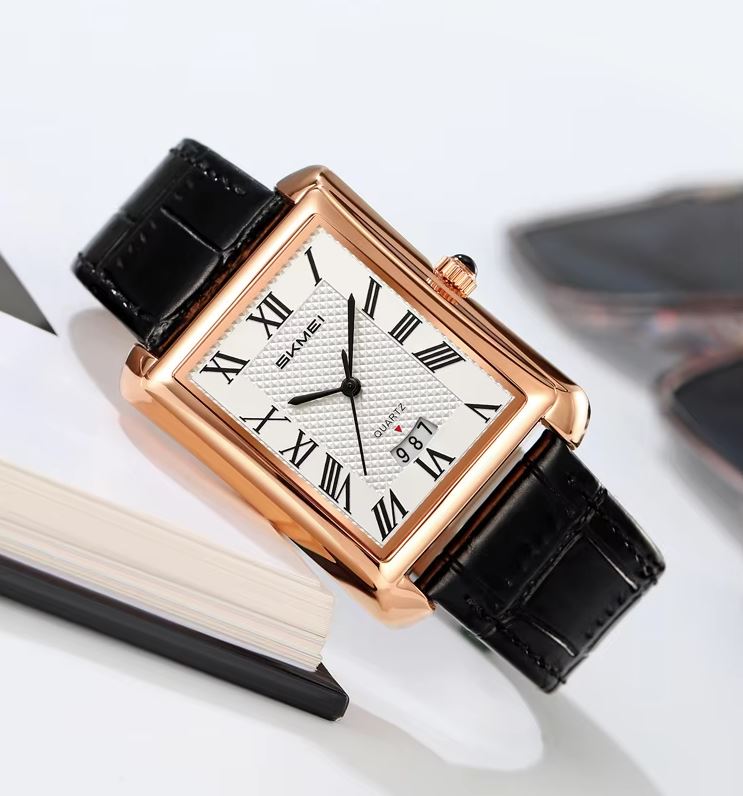 SKMEI 2575 Men’s Square Leather Quartz Watch rose gold/black – Roman Numeral Business Waterproof Wristwatch