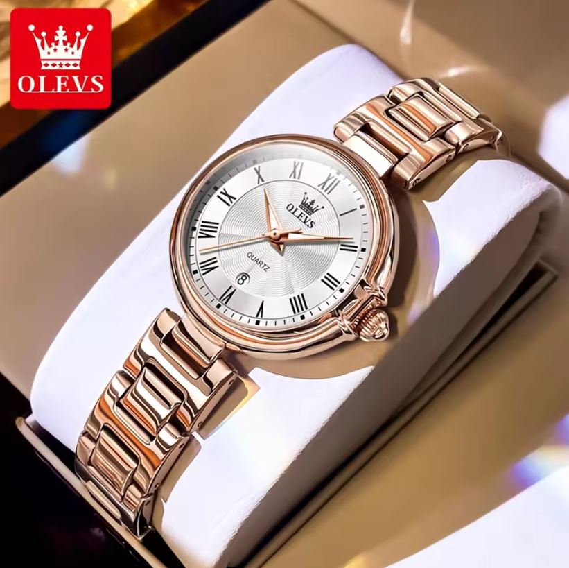 OLEVS 5608 Women’s Luxury Quartz Watch Rose Gold White– Roman Scale Waterproof Luminous Watch