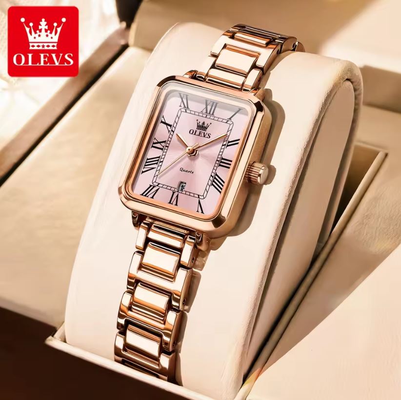 OLEVS 5641 Women’s Square Quartz Watch  Rose Pink – Roman Scale Waterproof Stainless Steel Wristwatch