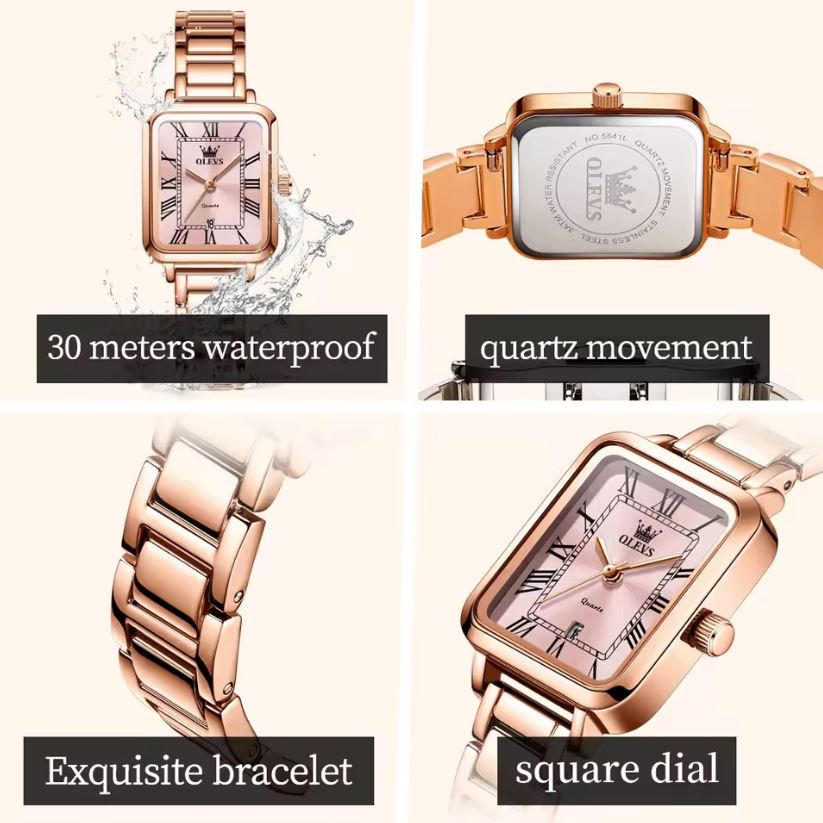 OLEVS 5641 Women’s Square Quartz Watch  Rose Pink – Roman Scale Waterproof Stainless Steel Wristwatch
