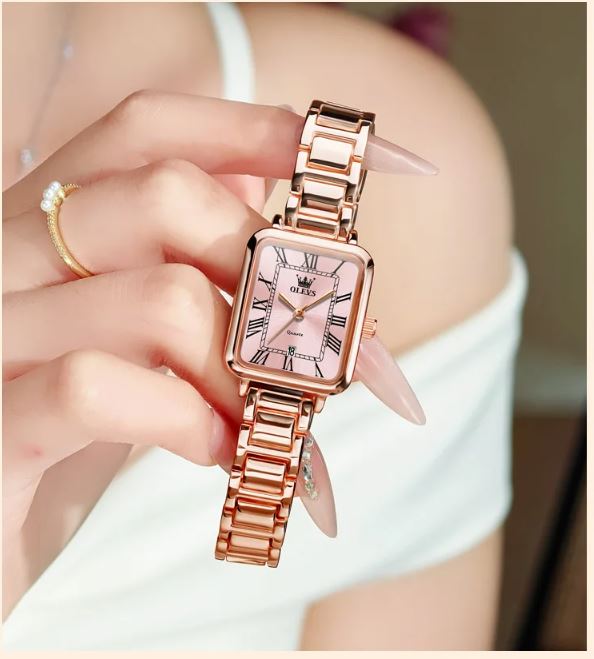 OLEVS 5641 Women’s Square Quartz Watch  Rose Pink – Roman Scale Waterproof Stainless Steel Wristwatch
