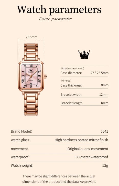 OLEVS 5641 Women’s Square Quartz Watch  Rose Pink – Roman Scale Waterproof Stainless Steel Wristwatch