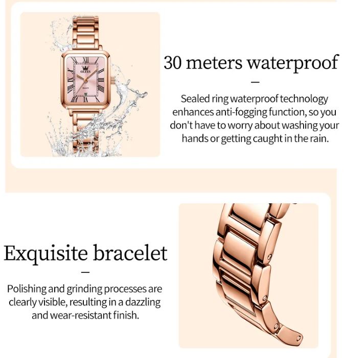 OLEVS 5641 Women’s Square Quartz Watch  Rose Pink – Roman Scale Waterproof Stainless Steel Wristwatch