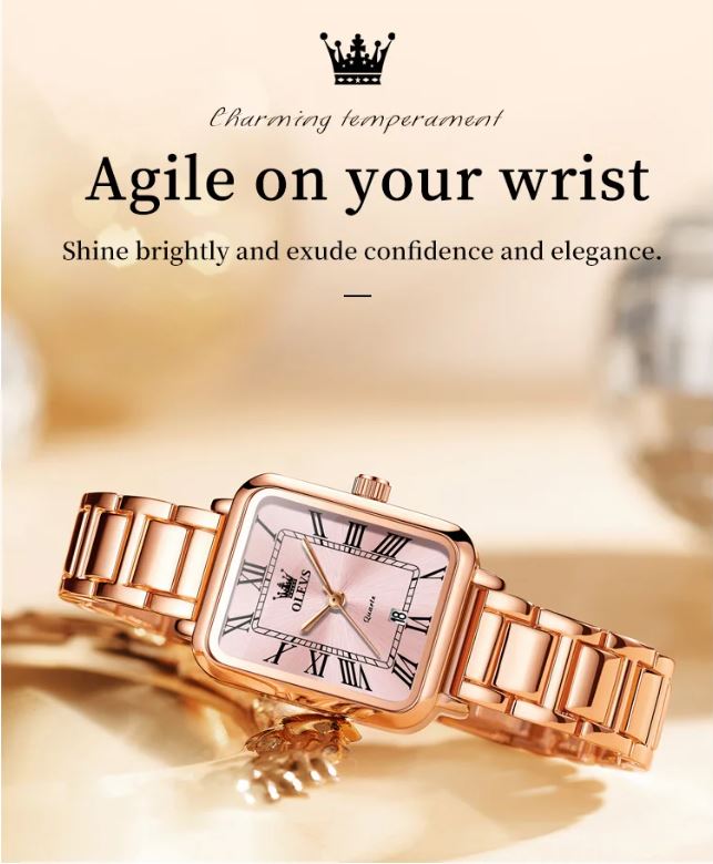 OLEVS 5641 Women’s Square Quartz Watch  Rose Pink – Roman Scale Waterproof Stainless Steel Wristwatch