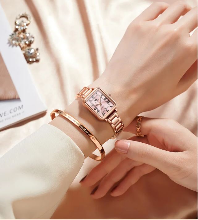 OLEVS 5641 Women’s Square Quartz Watch  Rose Pink – Roman Scale Waterproof Stainless Steel Wristwatch