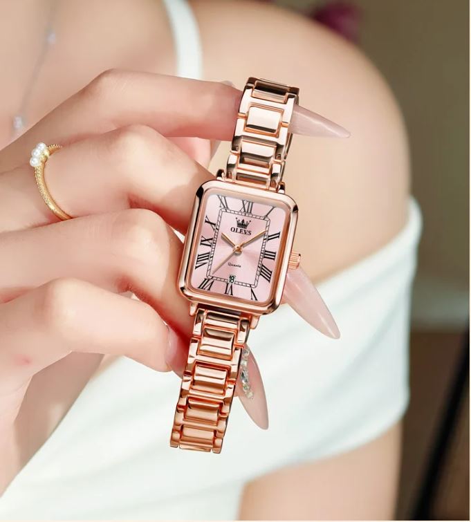 OLEVS 5641 Women’s Square Quartz Watch  Rose Pink – Roman Scale Waterproof Stainless Steel Wristwatch