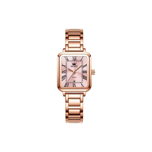 OLEVS 5641 Women’s Square Quartz Watch  Rose Pink – Roman Scale Waterproof Stainless Steel Wristwatch