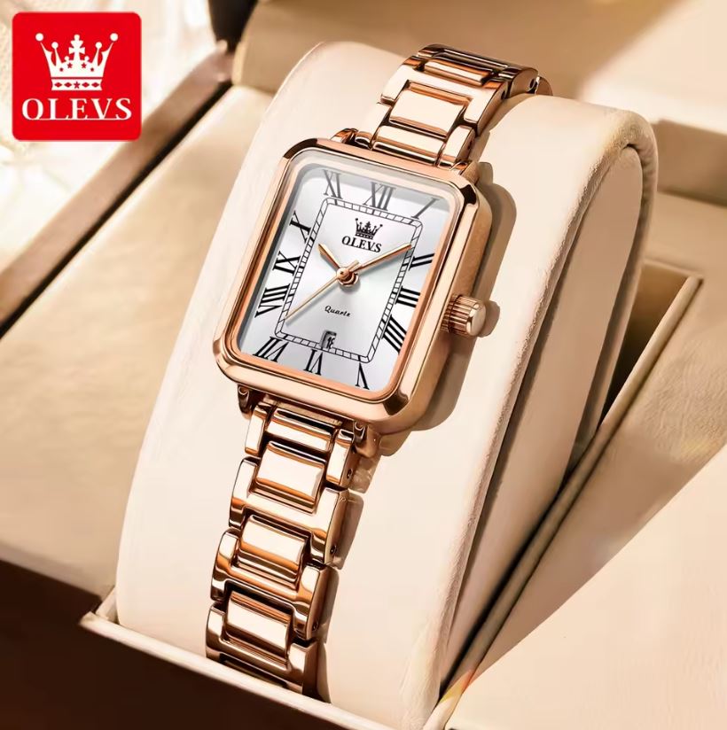 OLEVS 5641 Women’s Square Quartz Watch  Rose White – Roman Scale Waterproof Stainless Steel Wristwatch