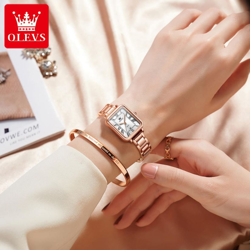 OLEVS 5641 Women’s Square Quartz Watch  Rose White – Roman Scale Waterproof Stainless Steel Wristwatch