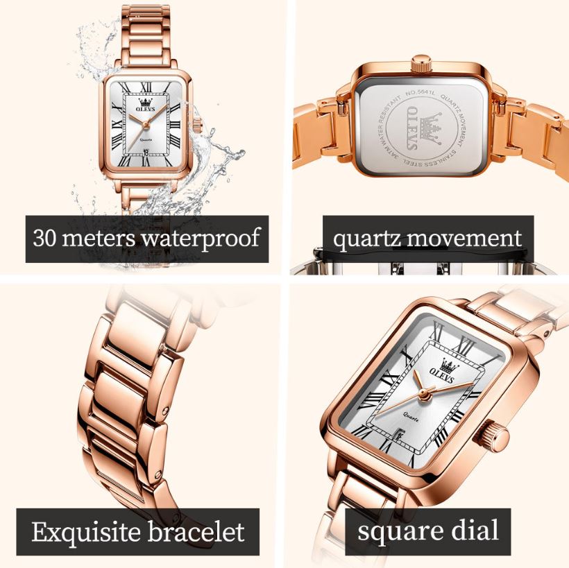 OLEVS 5641 Women’s Square Quartz Watch  Rose White – Roman Scale Waterproof Stainless Steel Wristwatch