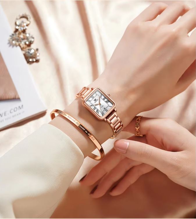 OLEVS 5641 Women’s Square Quartz Watch  Rose White – Roman Scale Waterproof Stainless Steel Wristwatch
