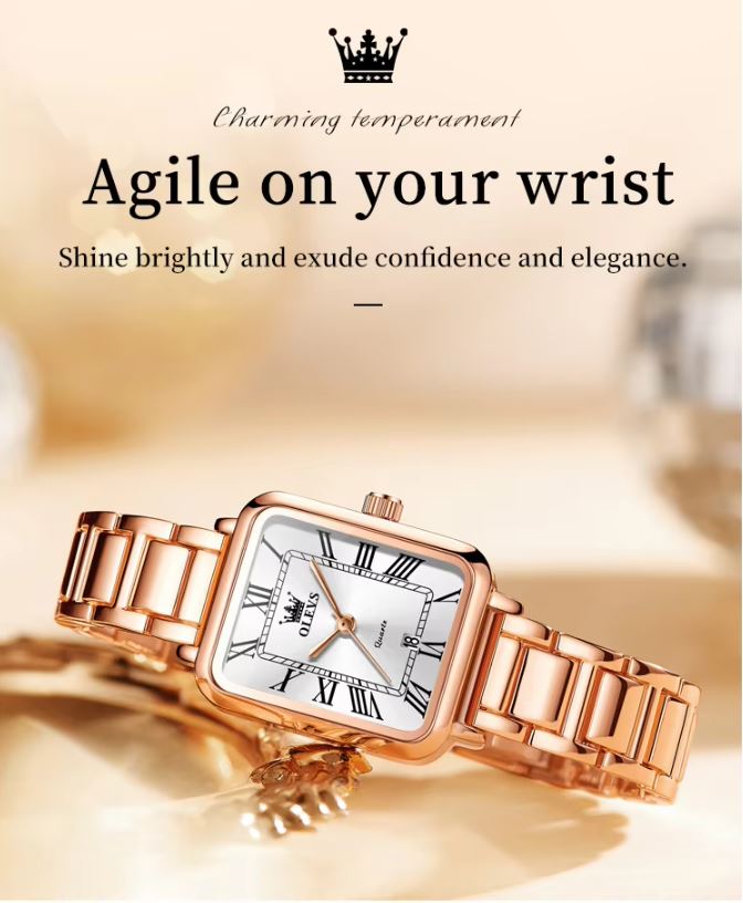 OLEVS 5641 Women’s Square Quartz Watch  Rose White – Roman Scale Waterproof Stainless Steel Wristwatch