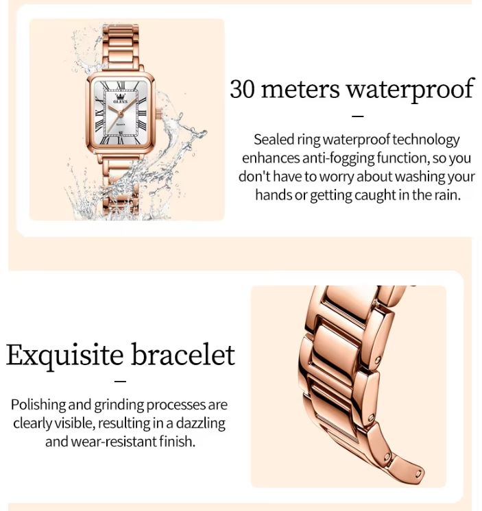 OLEVS 5641 Women’s Square Quartz Watch  Rose White – Roman Scale Waterproof Stainless Steel Wristwatch