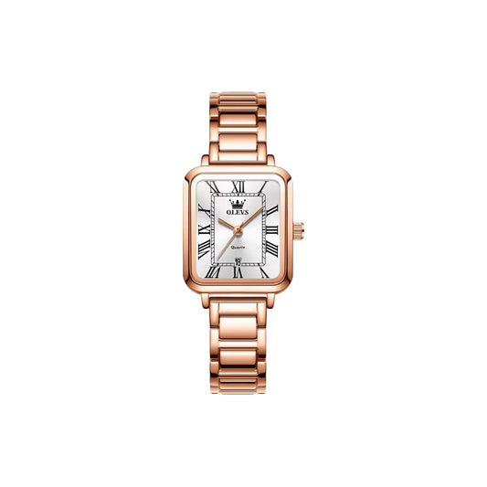 OLEVS 5641 Women’s Square Quartz Watch  Rose White – Roman Scale Waterproof Stainless Steel Wristwatch