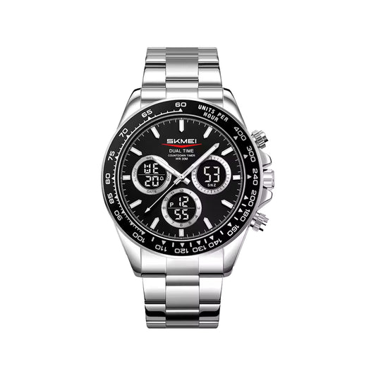 SKMEI 2587 Men’s Dual Display Quartz Watch Silver Black – Stainless Steel Business Waterproof Wristwatch