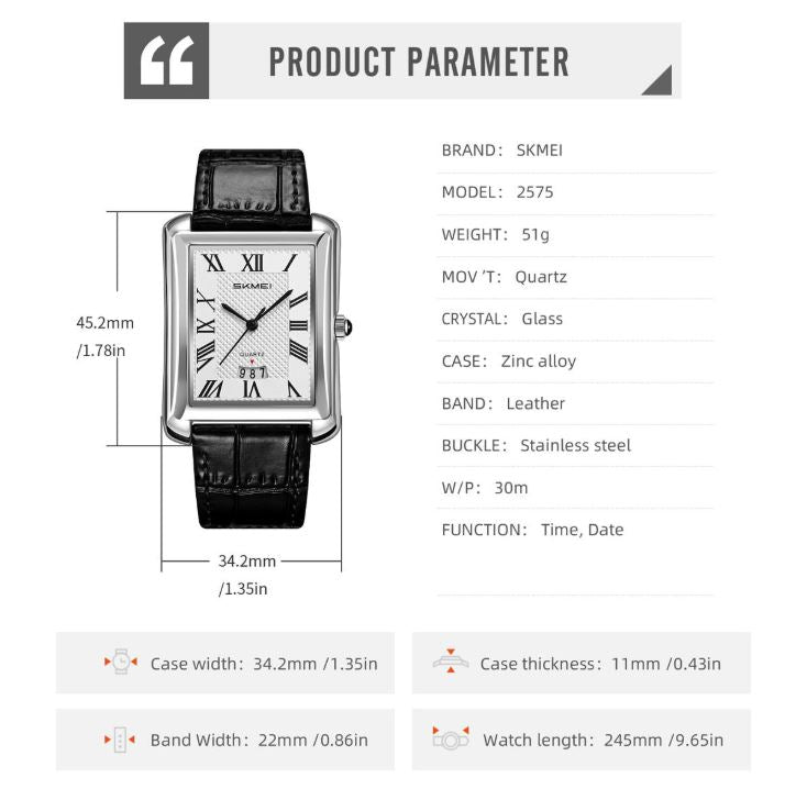 SKMEI 2575 Men’s Square Leather Quartz Watch silver black – Roman Numeral Business Waterproof Wristwatch