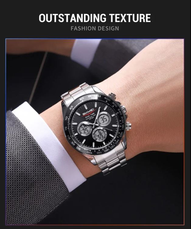 SKMEI 2587 Men’s Dual Display Quartz Watch Silver Black – Stainless Steel Business Waterproof Wristwatch