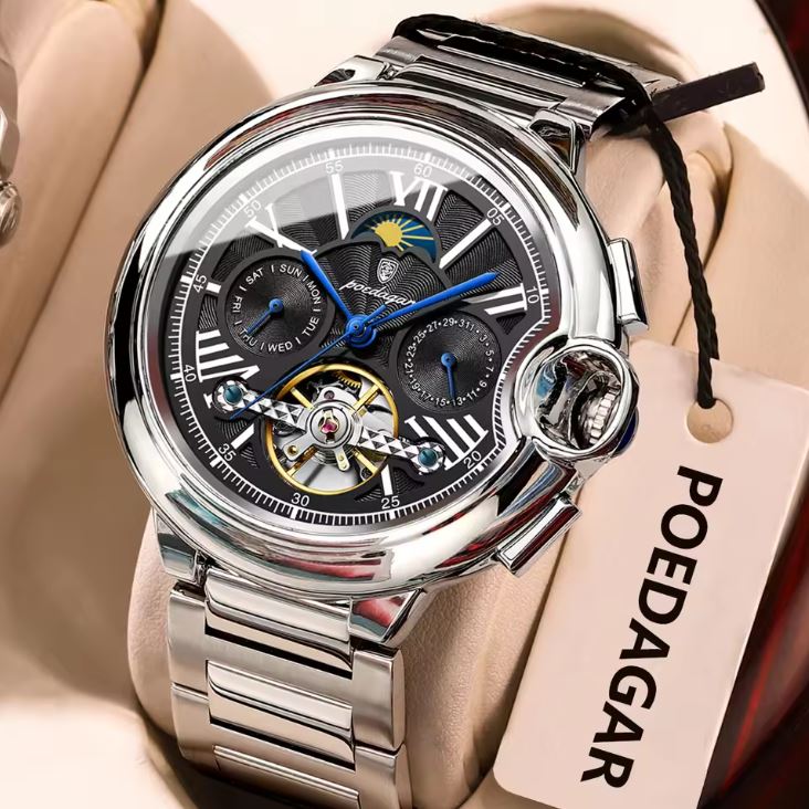 POEDAGAR 1413 Men’s Luxury Tourbillon Automatic Watch Silver Black– Stainless Steel Mechanical Wristwatch