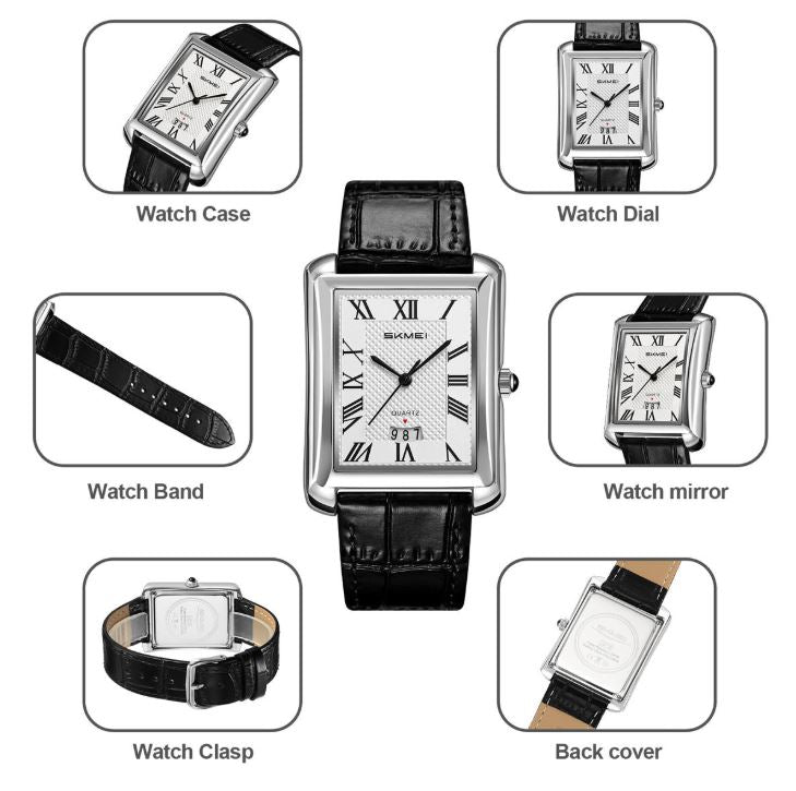 SKMEI 2575 Men’s Square Leather Quartz Watch silver black – Roman Numeral Business Waterproof Wristwatch