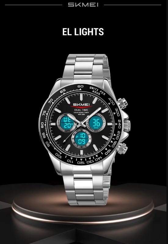 SKMEI 2587 Men’s Dual Display Quartz Watch Silver Black – Stainless Steel Business Waterproof Wristwatch
