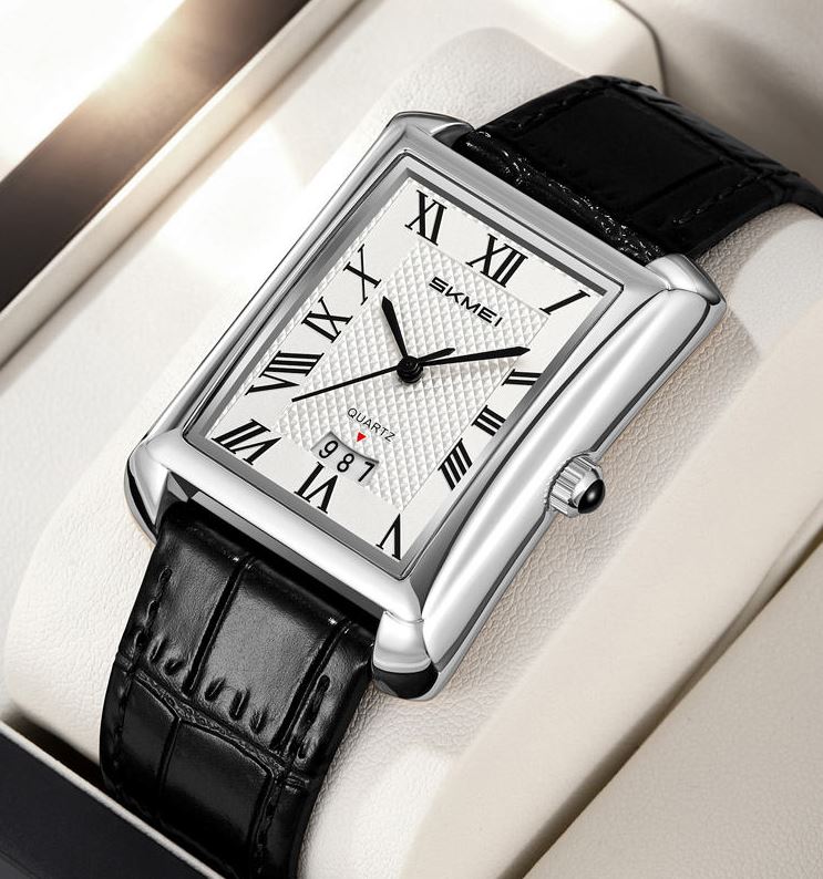 SKMEI 2575 Men’s Square Leather Quartz Watch silver black – Roman Numeral Business Waterproof Wristwatch