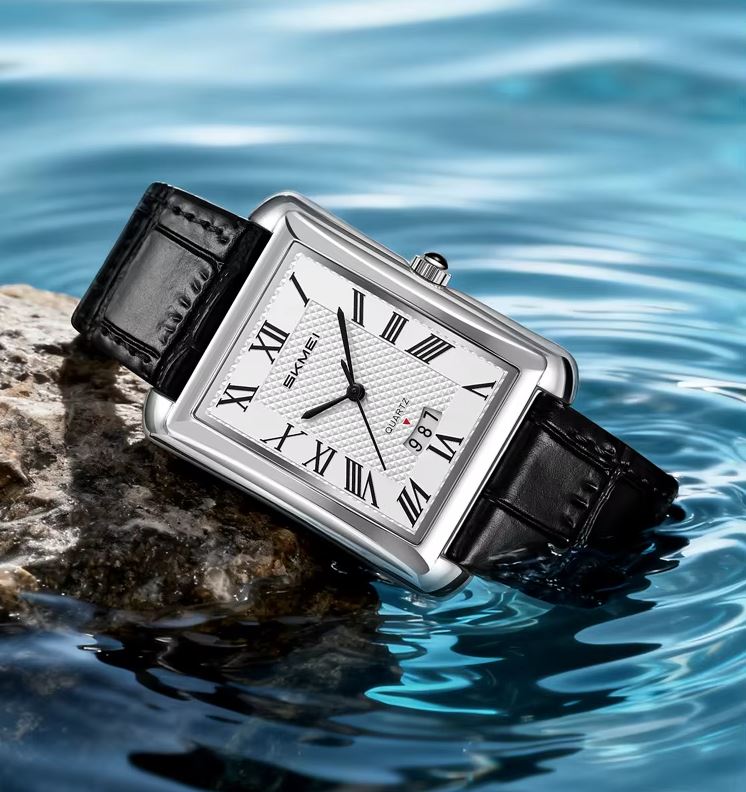 SKMEI 2575 Men’s Square Leather Quartz Watch silver black – Roman Numeral Business Waterproof Wristwatch