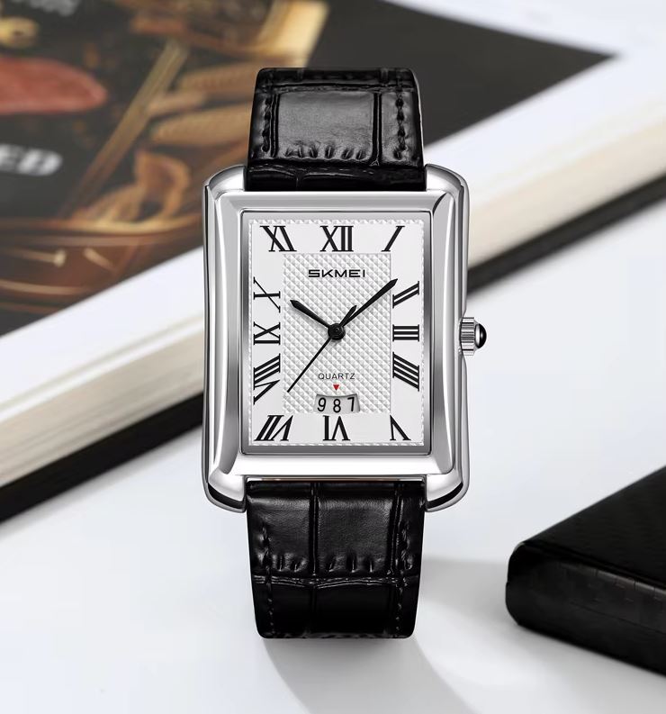 SKMEI 2575 Men’s Square Leather Quartz Watch silver black – Roman Numeral Business Waterproof Wristwatch