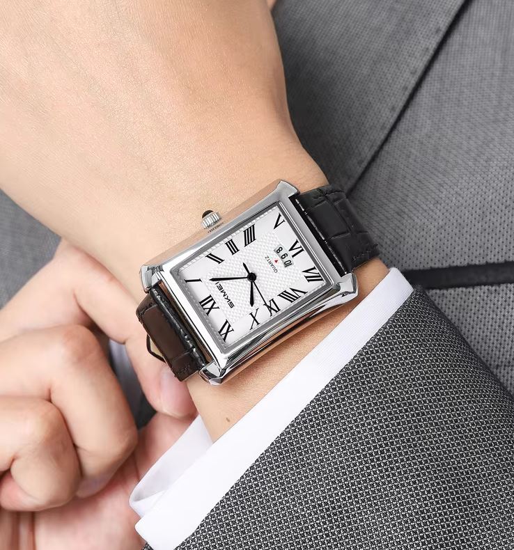 SKMEI 2575 Men’s Square Leather Quartz Watch silver black – Roman Numeral Business Waterproof Wristwatch