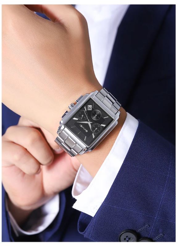 SKMEI 2339 Men’s Square Stainless Steel Quartz Watch Silver Black– Waterproof Business Wristwatch