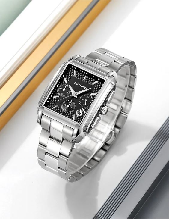 SKMEI 2339 Men’s Square Stainless Steel Quartz Watch Silver Black– Waterproof Business Wristwatch