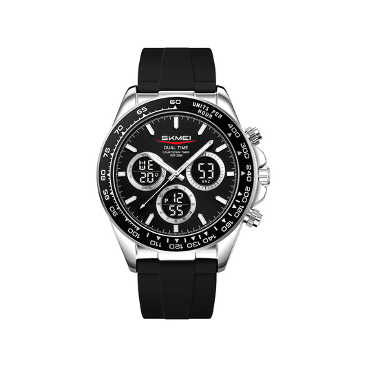 SKMEI 2588 Men’s Dual Display Quartz Watch Silvery black– Silicone Strap Waterproof Electronic Wristwatch
