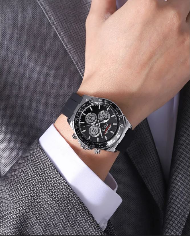 SKMEI 2588 Men’s Dual Display Quartz Watch Silvery black– Silicone Strap Waterproof Electronic Wristwatch