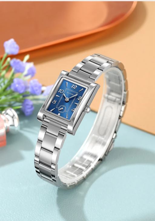 SKMEI 2570 Women’s Vintage Square Dial Quartz Watch Silver Blue – Elegant Fashion Wristwatch