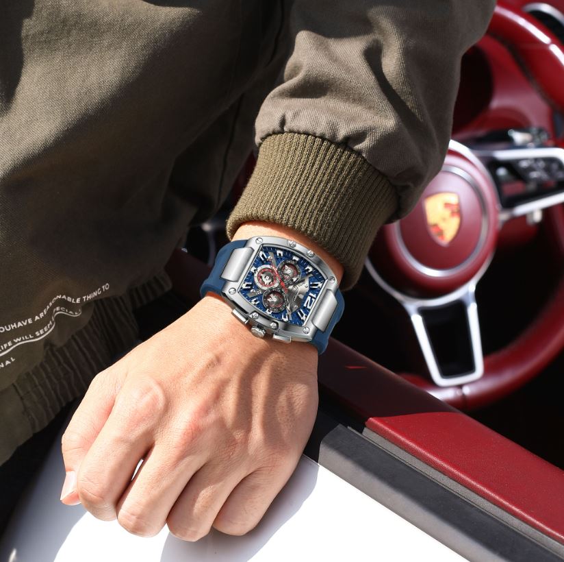 POEDAGAR 9051 Men’s Chronograph Quartz Watch Blue– Sport Casual Waterproof Luminous Silicone Wristwatch