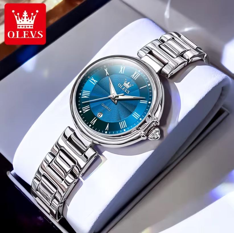 OLEVS 5608 Women’s Luxury Quartz Watch Silver Blue– Roman Scale Waterproof Luminous Watch
