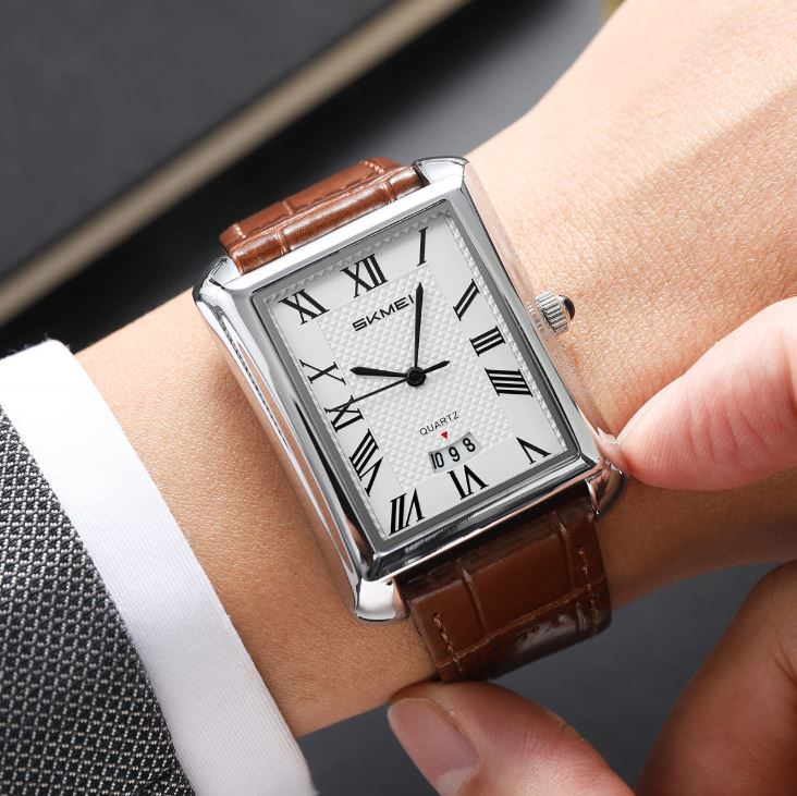 SKMEI 2575 Men’s Square Leather Quartz Watch silver brown – Roman Numeral Business Waterproof Wristwatch