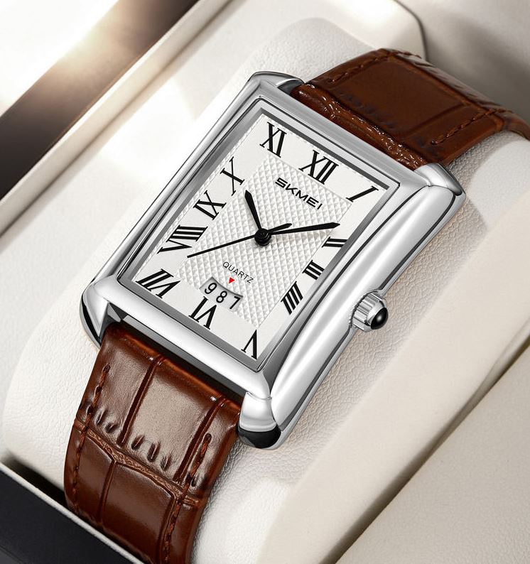 SKMEI 2575 Men’s Square Leather Quartz Watch silver brown – Roman Numeral Business Waterproof Wristwatch
