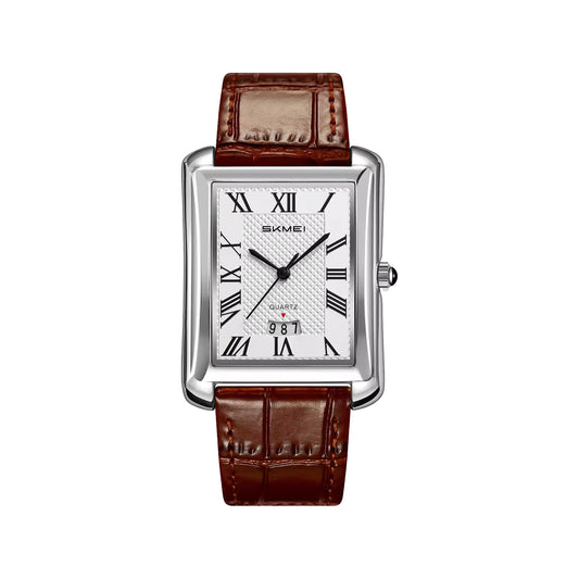 SKMEI 2575 Men’s Square Leather Quartz Watch silver brown – Roman Numeral Business Waterproof Wristwatch