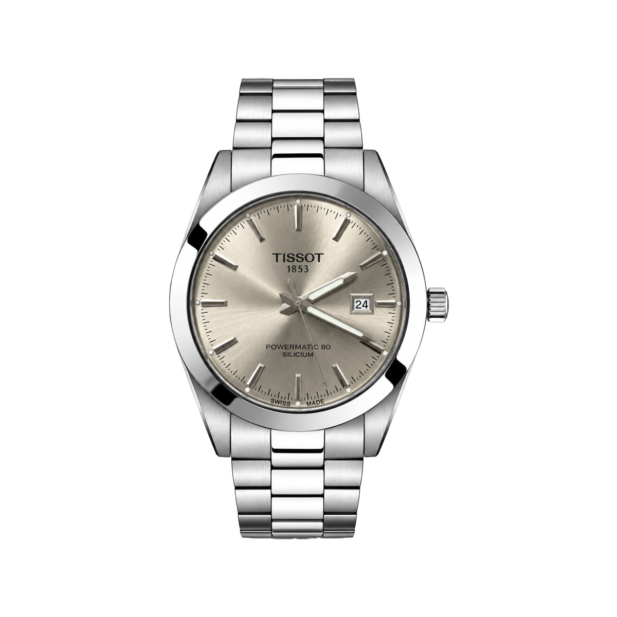 Tissot Powermatic 80 Steel automatic watch with a silver stainless steel link bracelet and a champagne dial.