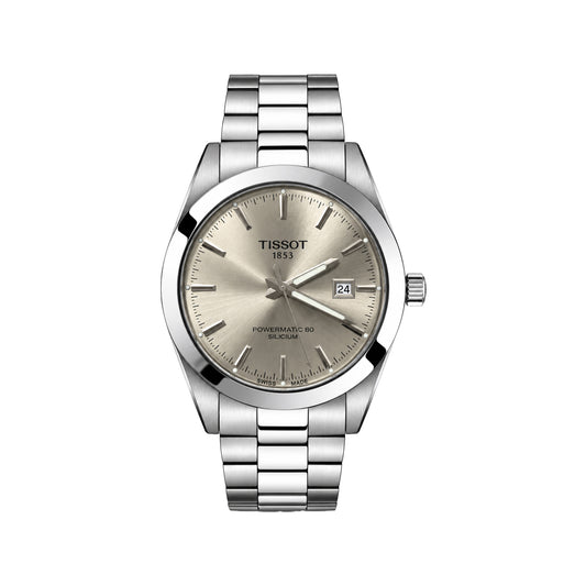 Tissot Powermatic 80 Steel automatic watch with a silver stainless steel link bracelet and a champagne dial.