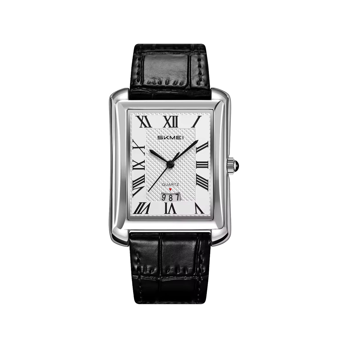 SKMEI 2575 Men’s Square Leather Quartz Watch silver black – Roman Numeral Business Waterproof Wristwatch