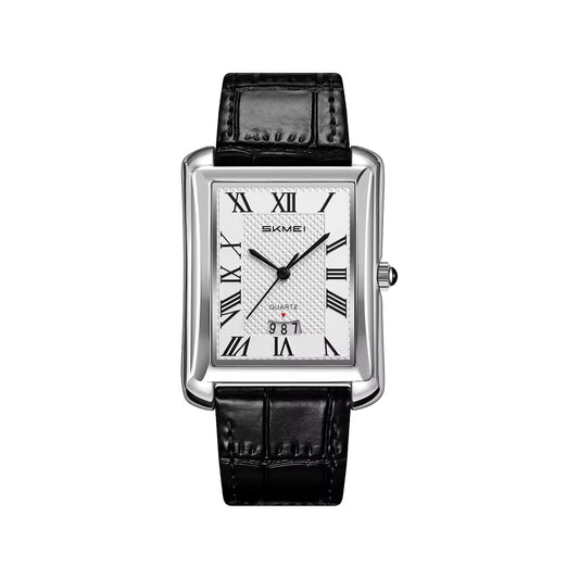 SKMEI 2575 Men’s Square Leather Quartz Watch silver black – Roman Numeral Business Waterproof Wristwatch